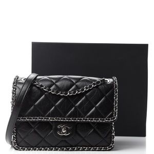 CHANEL Crumpled Calfskin Medium Chain All Over Flap Black